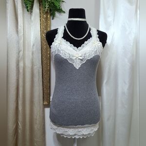 ♡ Y2K ♡ Abercrombie Grey & Cream Lace Cami Satin Ribbon Bows Tank Top